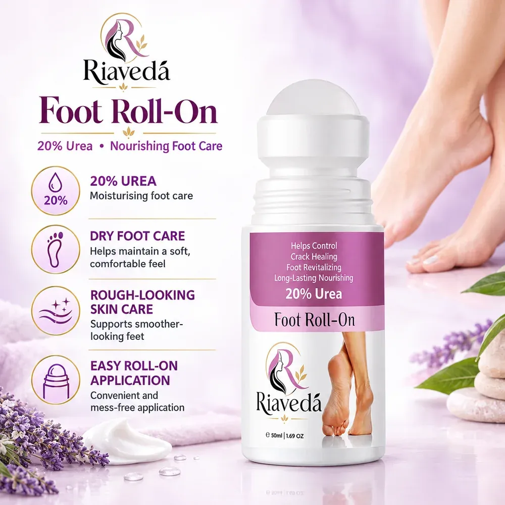 Riaveda 20% Urea Foot Roll-On – key benefits infographic